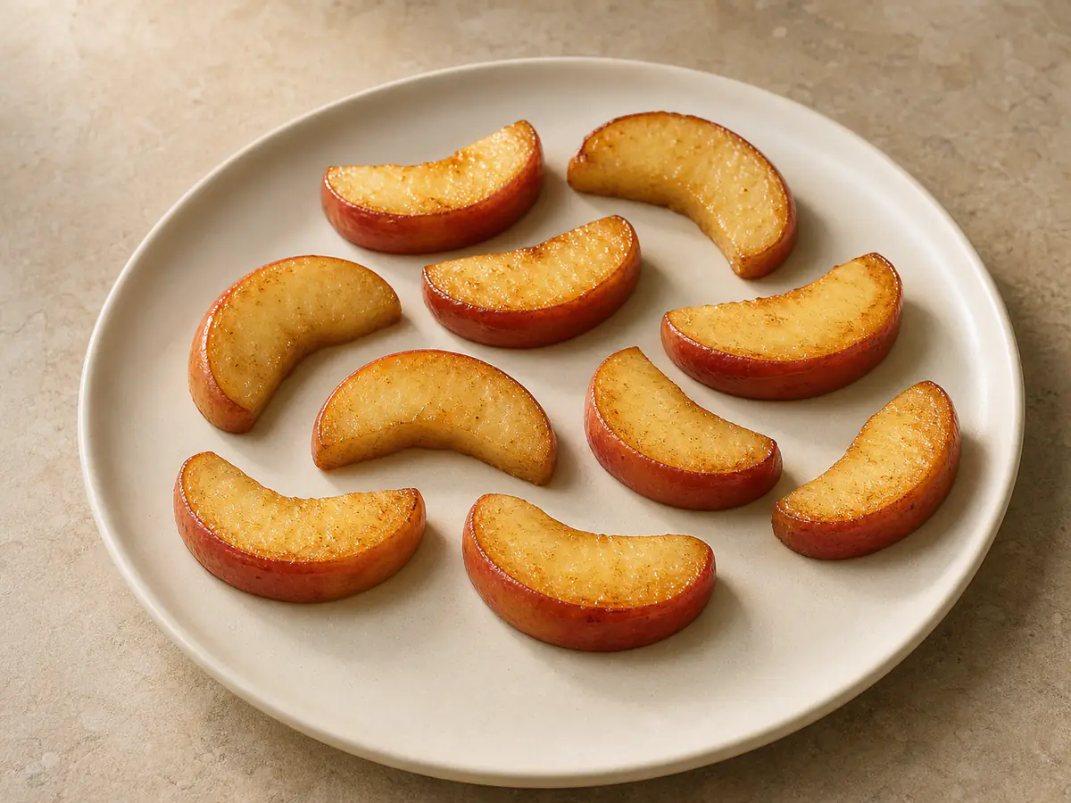Tranches de pomme cuit à la friteuse à air avec une surface naturellement dorée.
