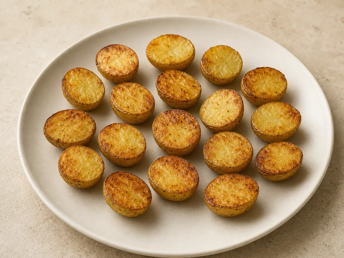 Patate novelle cotto nella friggitrice ad aria con una superficie naturalmente dorata.