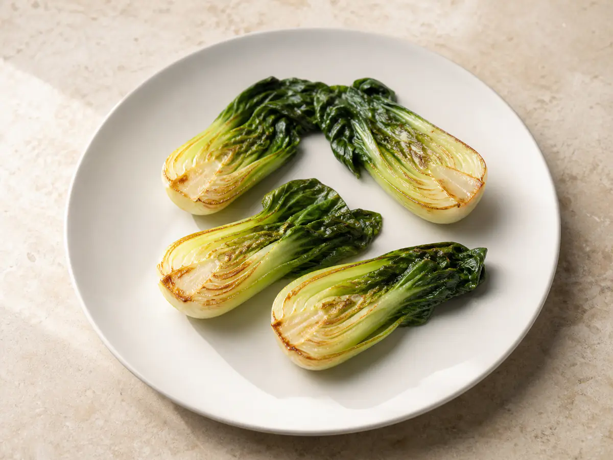 Air-fried Bok Choy with a naturally browned surface.