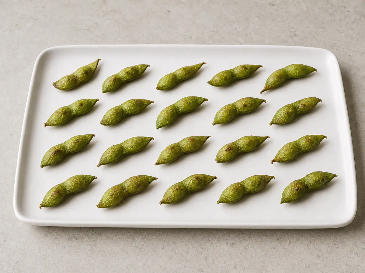 Air-fried Edamame with a naturally browned surface.