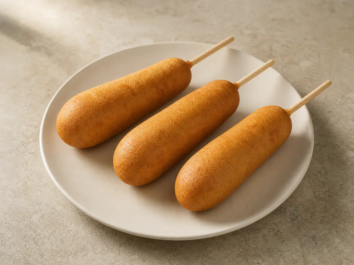 Tiefgekühlte Corn Dogs aus der Heißluftfritteuse mit natürlich gebräunter Oberfläche.
