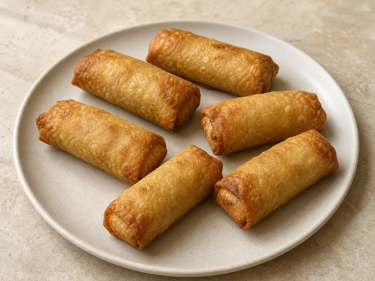 Rollitos de huevo congelados hecho en freidora de aire con una superficie dorada de aspecto natural.