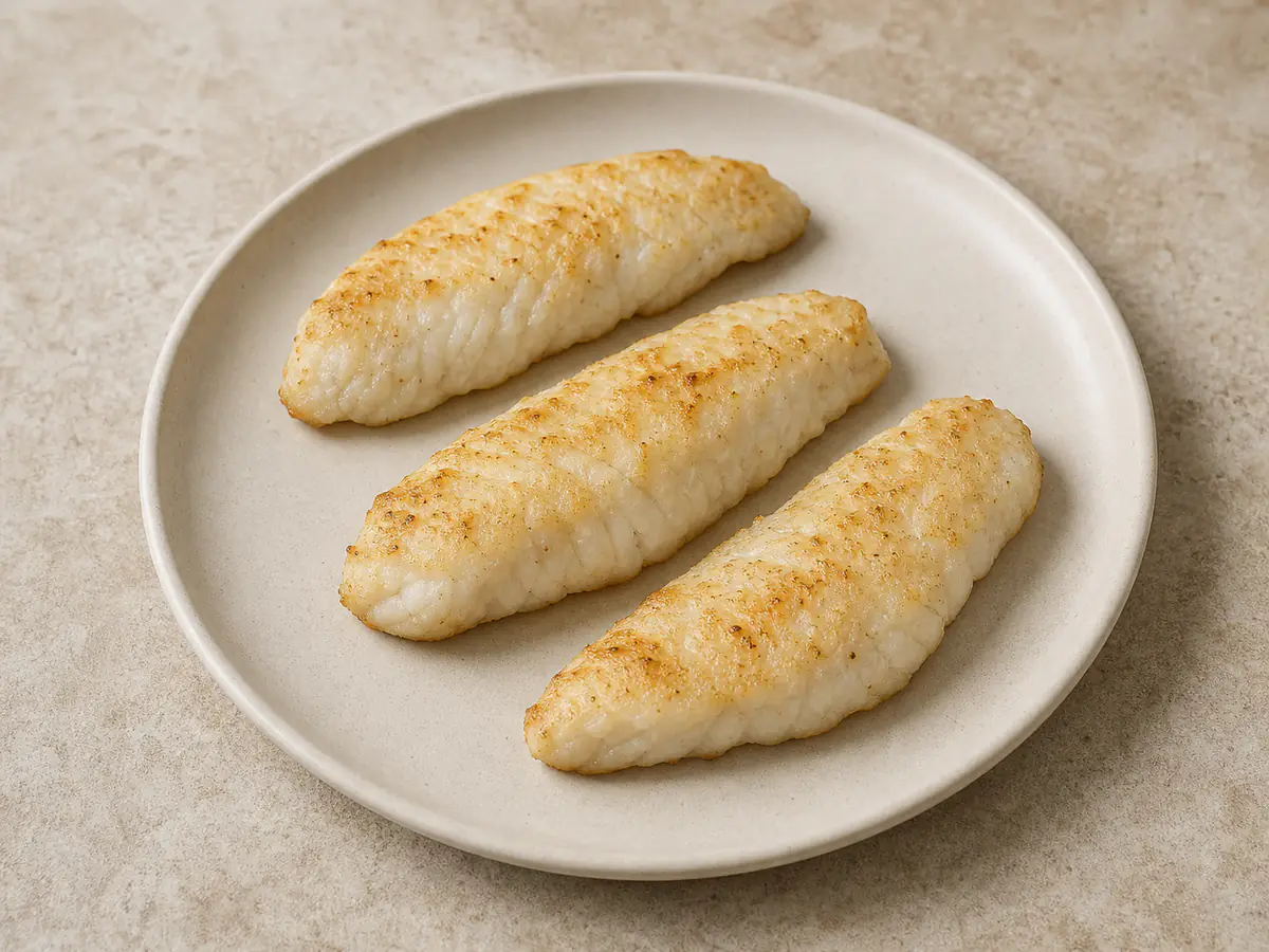 Filets de poisson surgelés cuit à la friteuse à air avec une surface naturellement dorée.