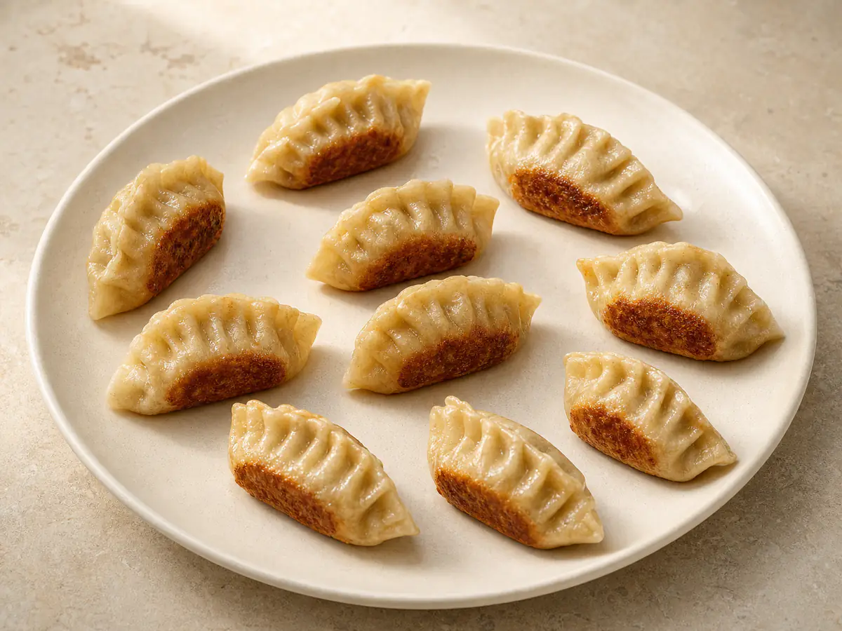 Air-fried Frozen Potstickers with a naturally browned surface.