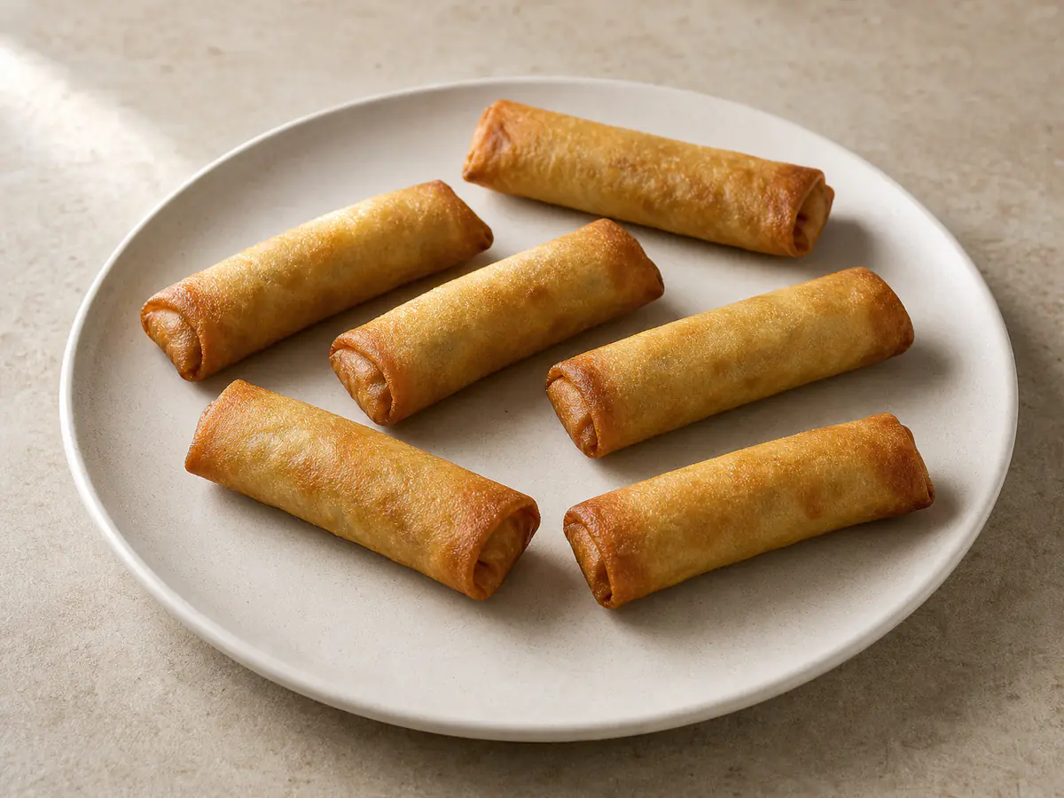 Tiefgekühlte Frühlingsrollen aus der Heißluftfritteuse mit natürlich gebräunter Oberfläche.