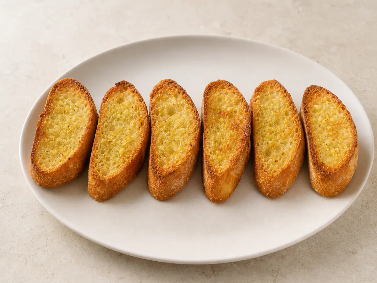 Knoblauchbrot aus der Heißluftfritteuse mit natürlich gebräunter Oberfläche.