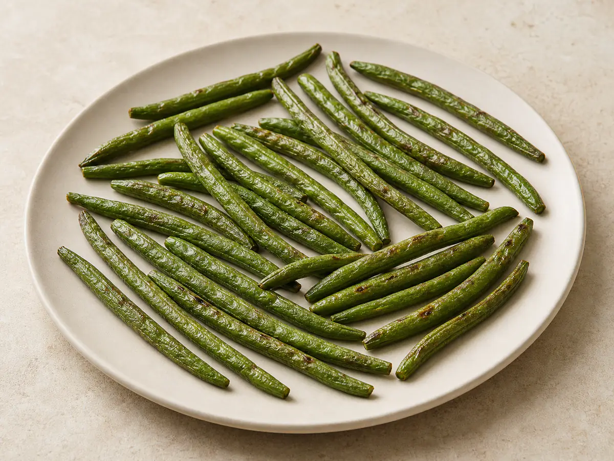 Sperziebonen uit de airfryer met een natuurlijk gebruind oppervlak.