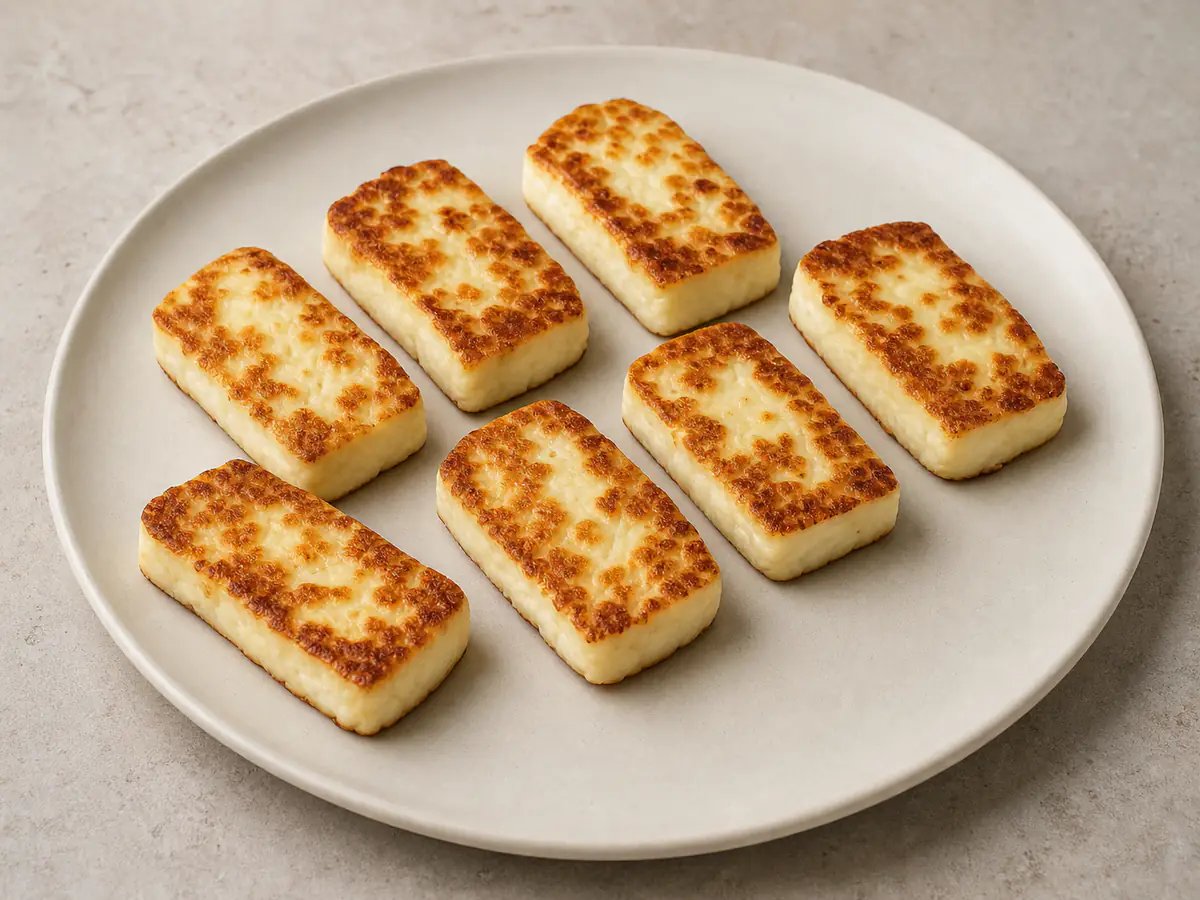 Air-fried Halloumi with a naturally browned surface.