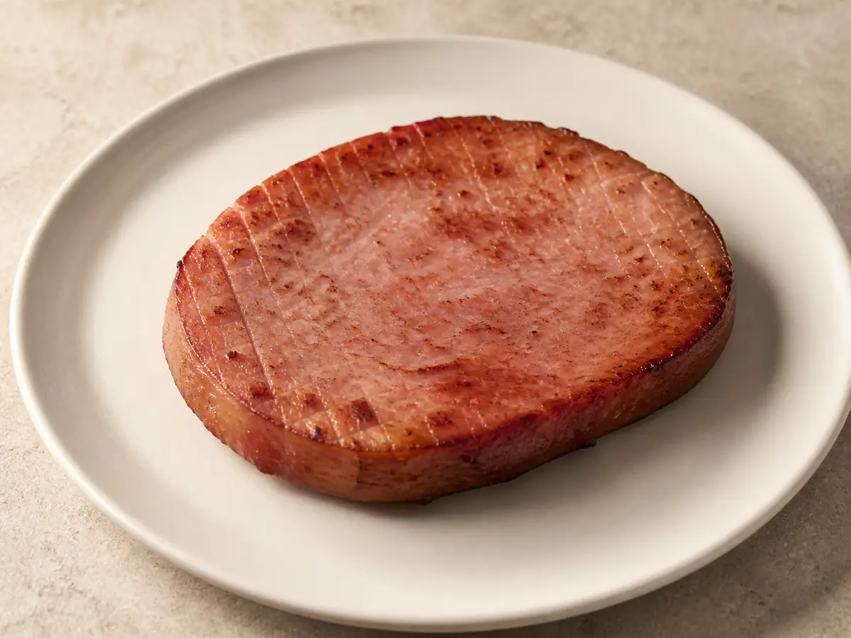 Schinkensteak aus der Heißluftfritteuse mit natürlich gebräunter Oberfläche.
