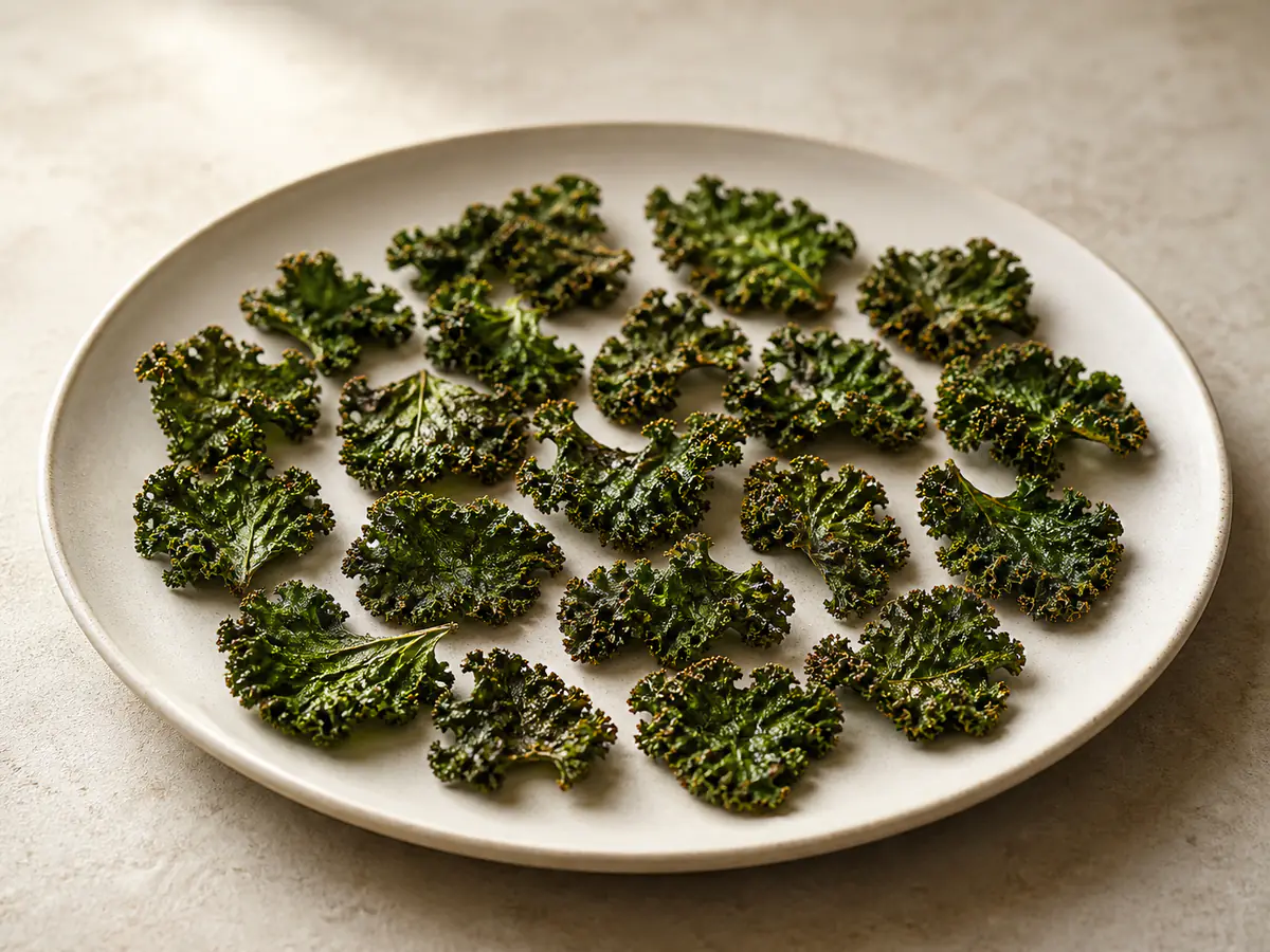 Air-fried Kale Chips with a naturally browned surface.