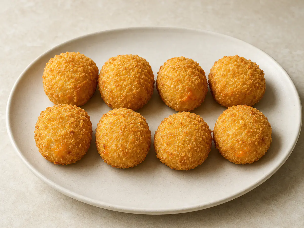 Air-fried Mac and Cheese Bites with a naturally browned surface.