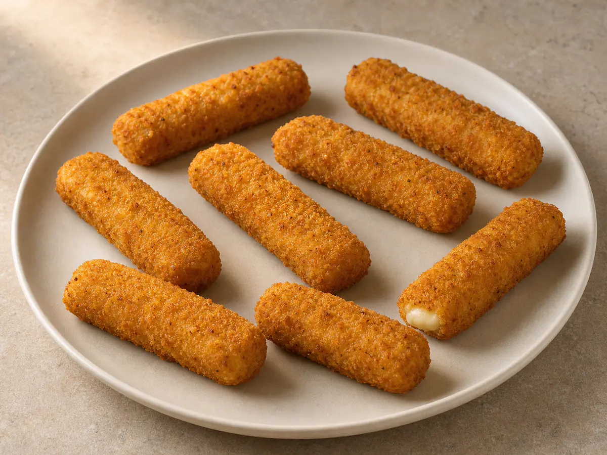 Bastoncini di mozzarella cotto nella friggitrice ad aria con una superficie naturalmente dorata.