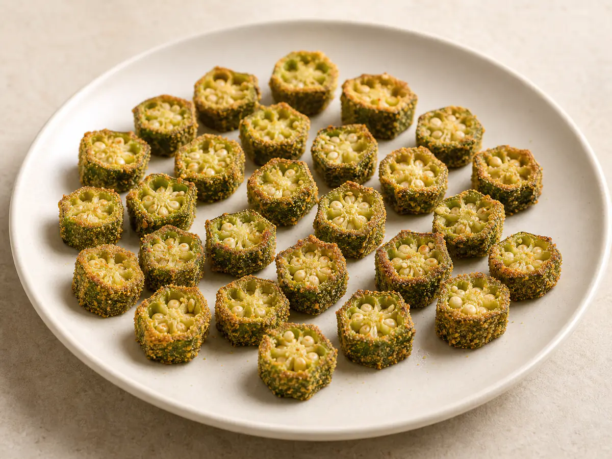 Okra aus der Heißluftfritteuse mit natürlich gebräunter Oberfläche.