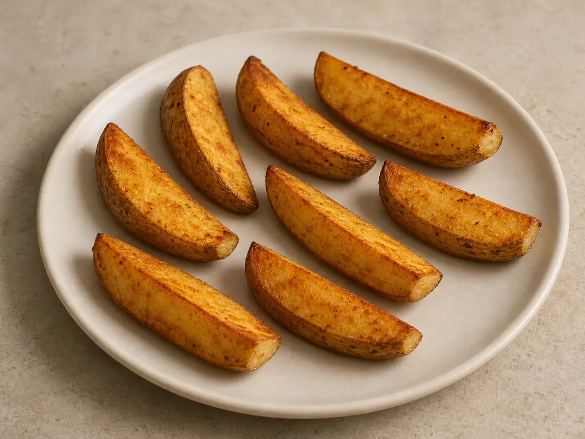 Aardappelpartjes uit de airfryer met een natuurlijk gebruind oppervlak.