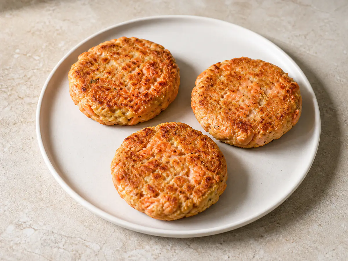 Air-fried Salmon Patties with a naturally browned surface.