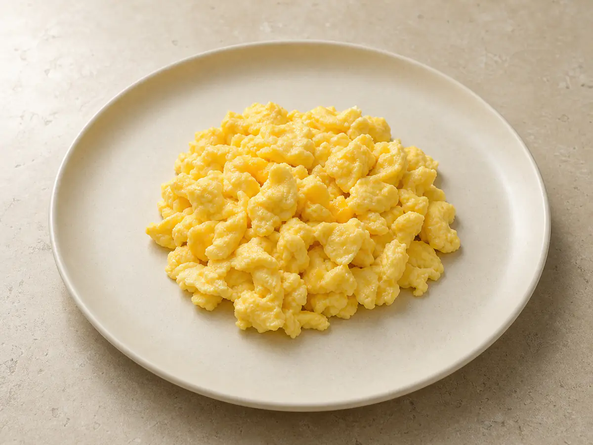 Uova strapazzate cotto nella friggitrice ad aria con una superficie naturalmente dorata.