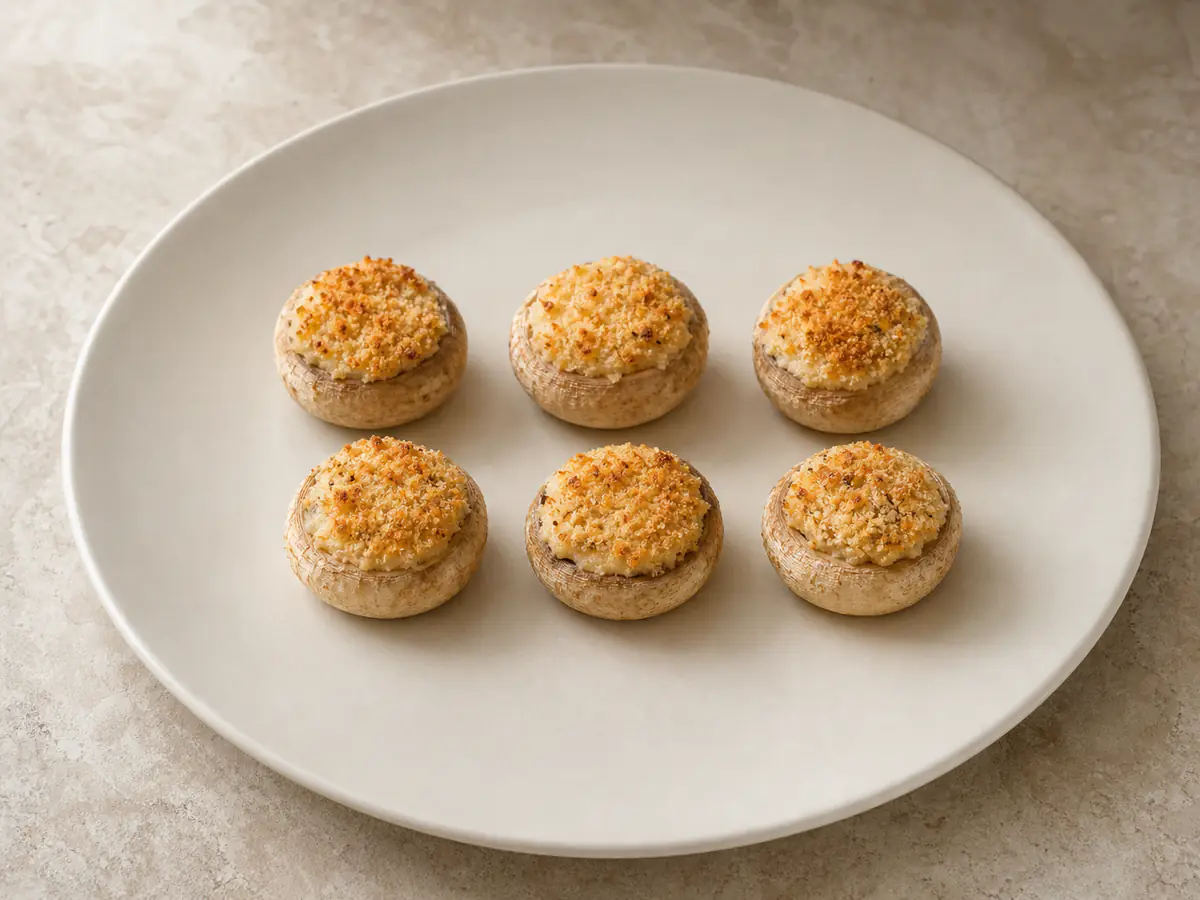 Gefüllte Champignons aus der Heißluftfritteuse mit natürlich gebräunter Oberfläche.