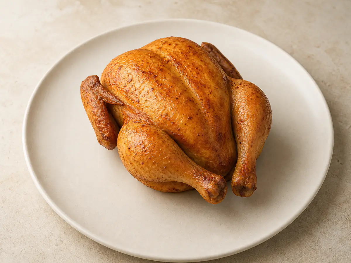 Poulet entier cuit à la friteuse à air avec une surface naturellement dorée.