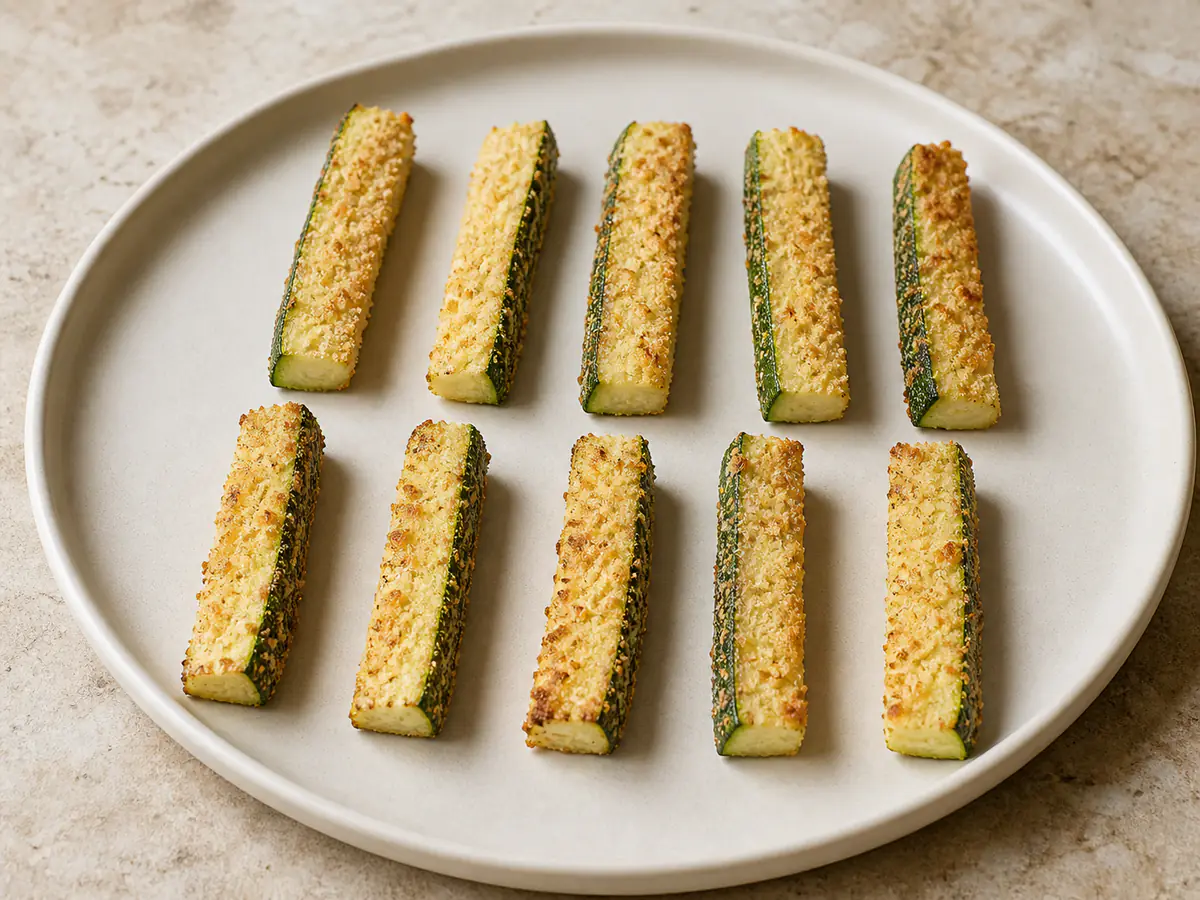 Air-fried Zucchini Fries with a naturally browned surface.