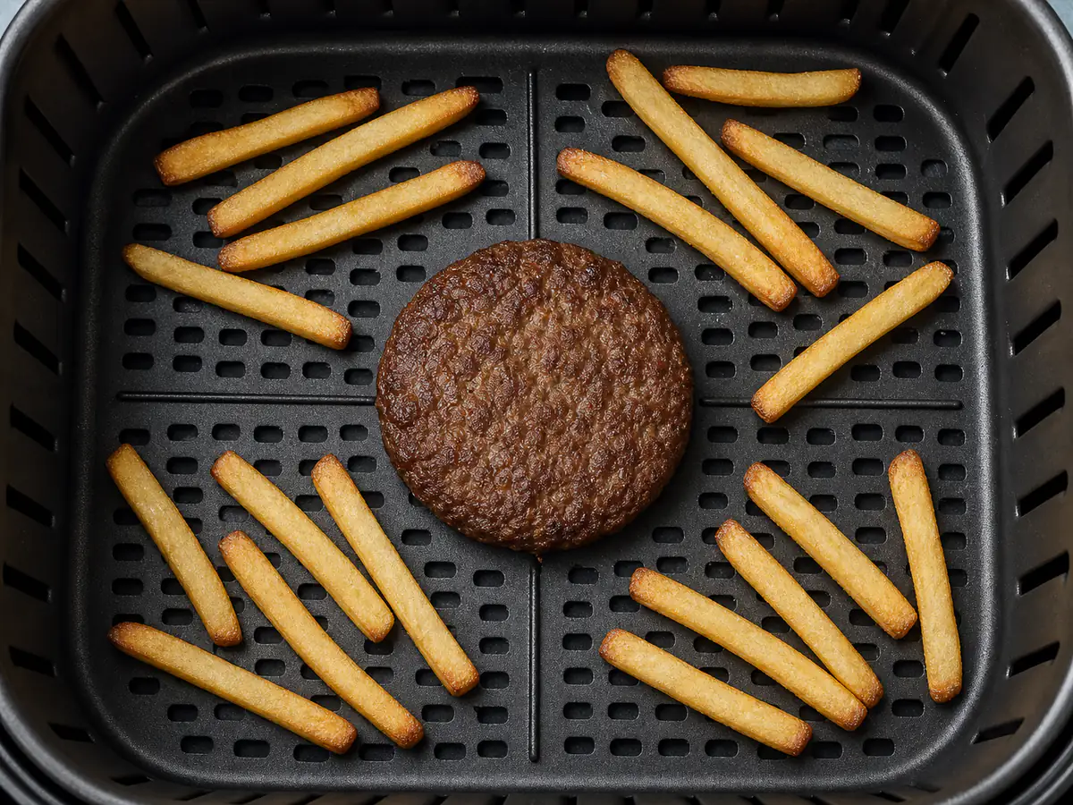 Top-down view of air-fried burger patty and fries arranged as a one-basket meal.